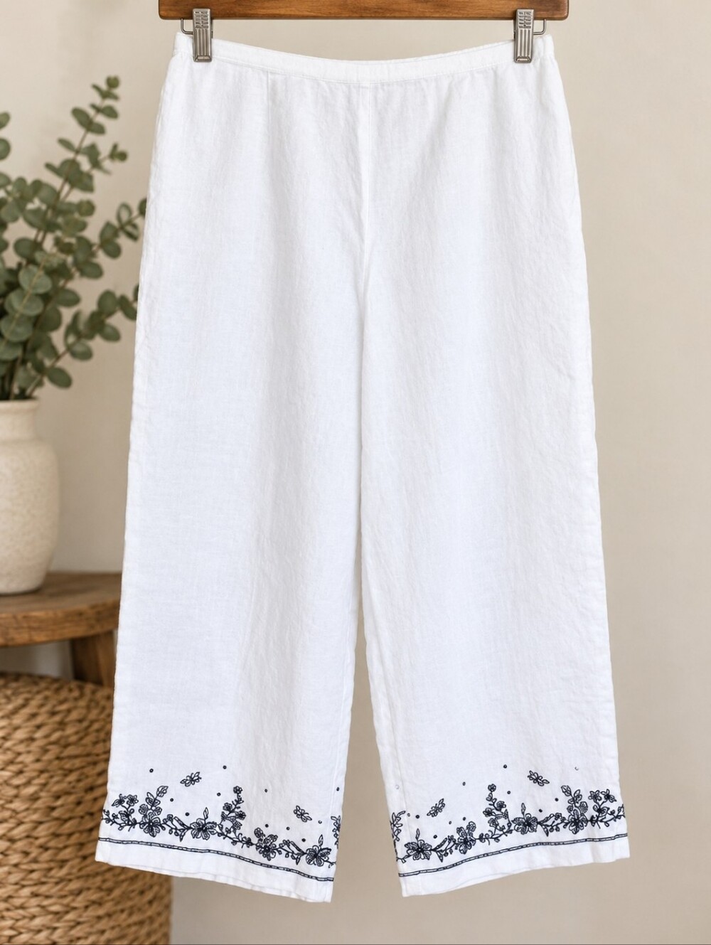 Norton McNaughton Petites PL White 100% Linen Floral Capri Pants